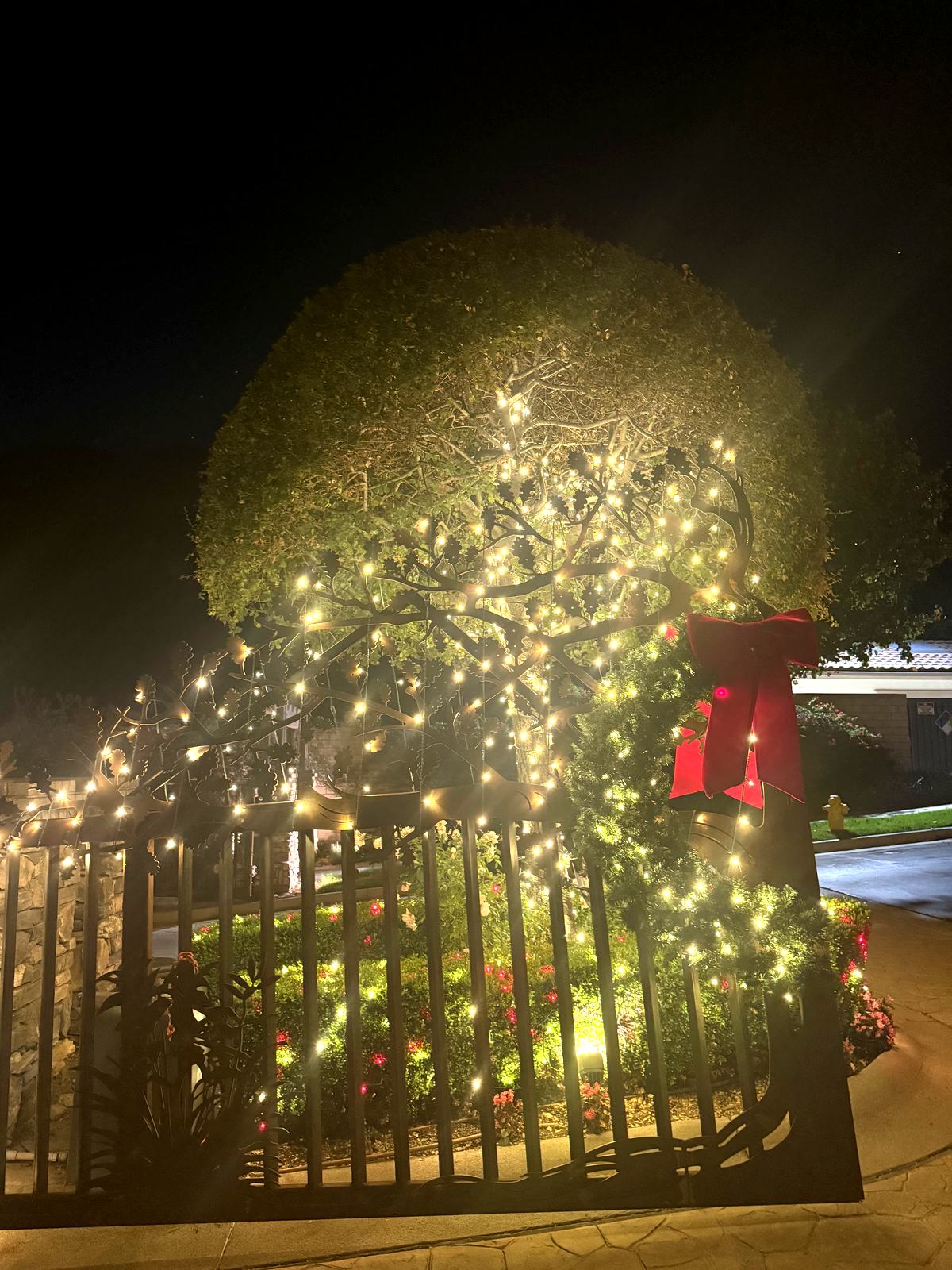 Wrought iron community gate decorated with Christmas lights and a red bow at Sierra Peaks Community in Corona, CA