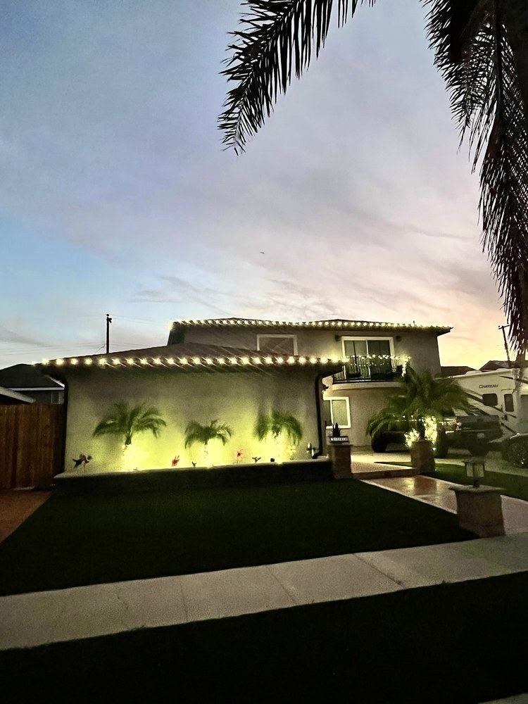 Two-story roofline Christmas lighting with palm trees at dusk