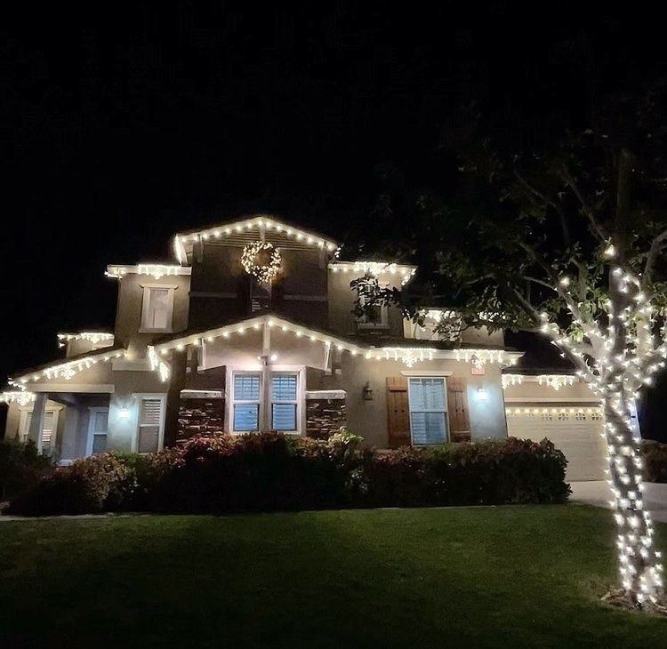 Christmas lighting with warm white roofline and tree wrap