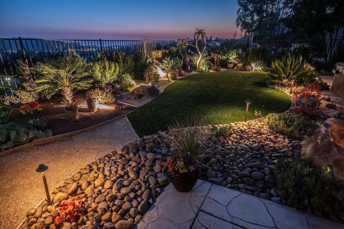 Aerial garden ocean sunset — landscape lighting install in Riverside, CA