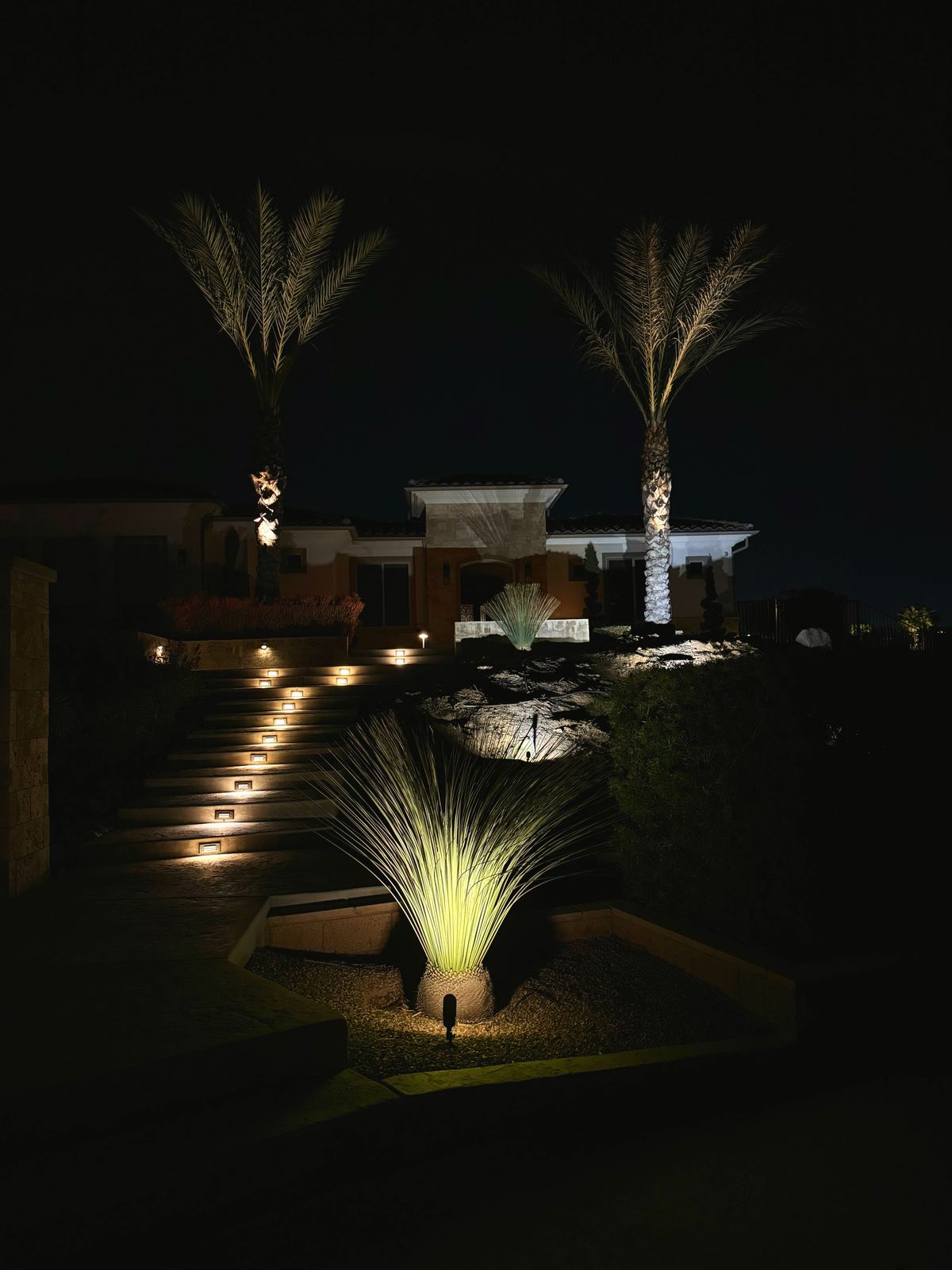 Aerial staircase pillars rv — landscape lighting install in Riverside, CA