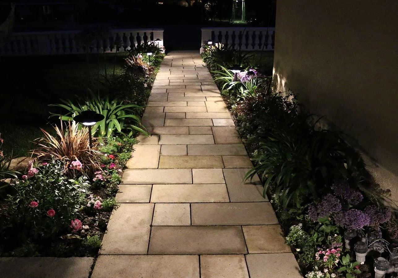 Pathway flower beds — landscape lighting install in Riverside, CA
