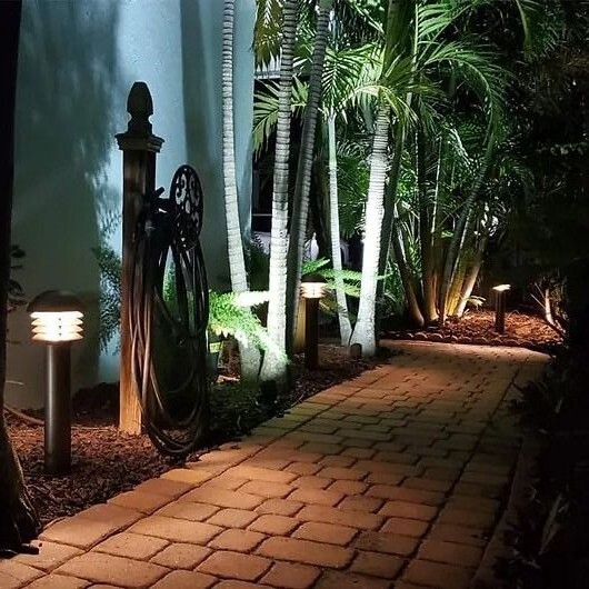 Pathway palms bollards night — landscape lighting install in Riverside, CA