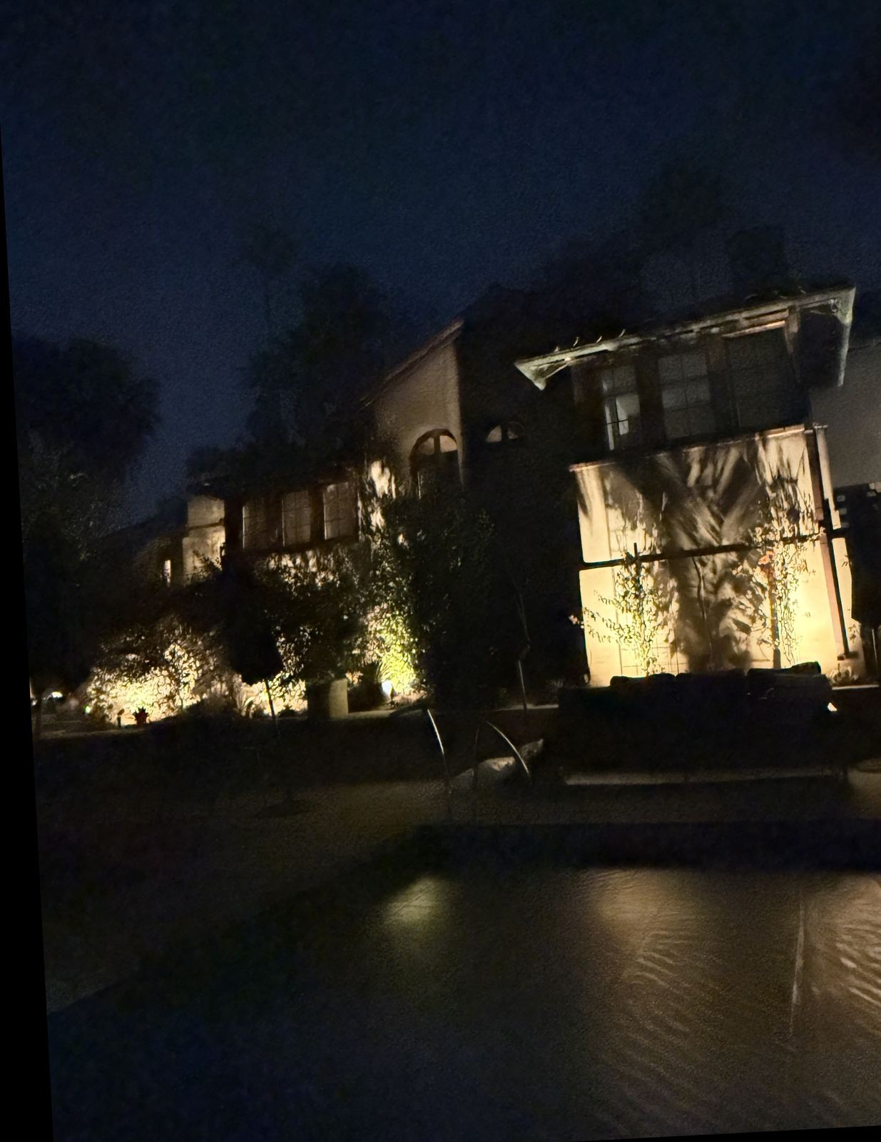 Landscape uplighting on vines and house facade by pool
