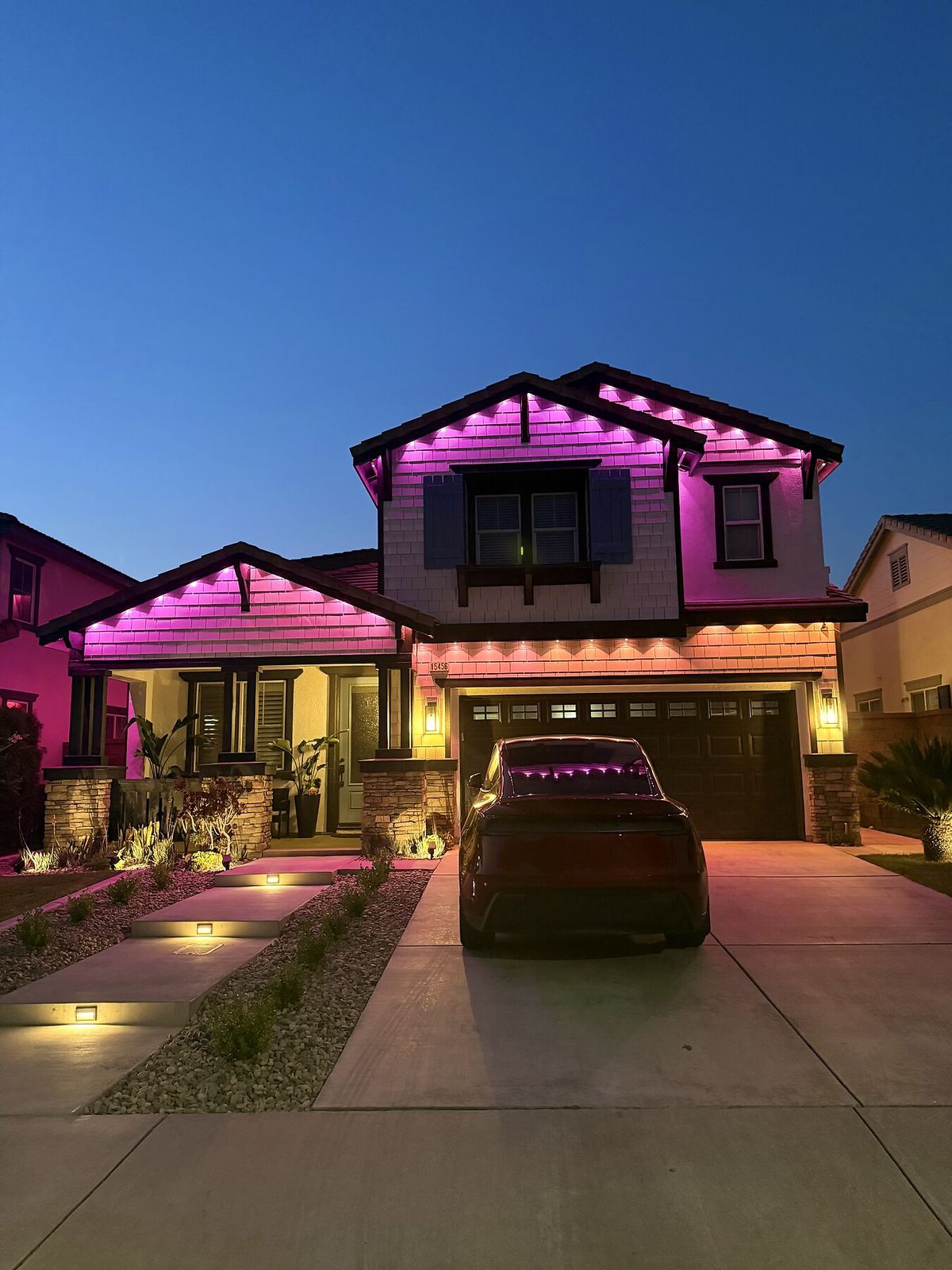Craftsman magenta purple dusk — permanent LED roofline lighting in Riverside, CA