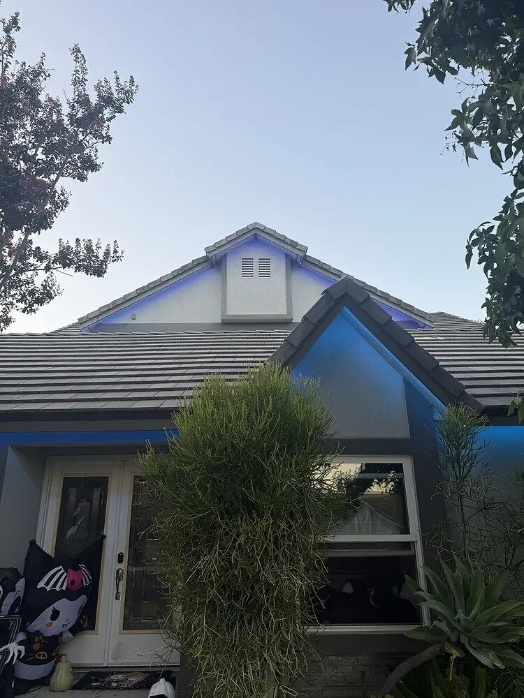 Roofline blue gable daytime — permanent LED roofline lighting in Riverside, CA