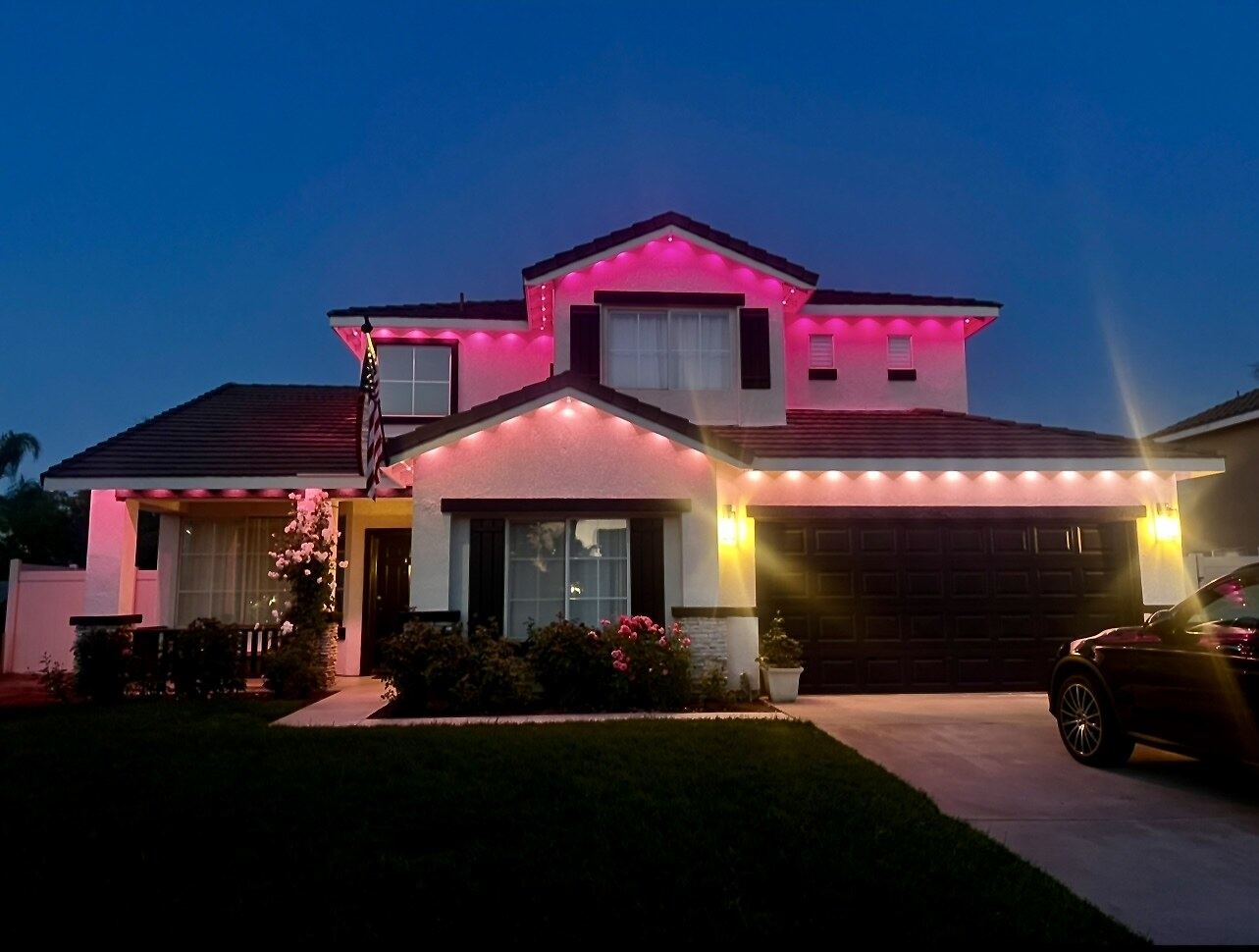 Two story pink magenta dusk suv — permanent LED roofline lighting in Riverside, CA