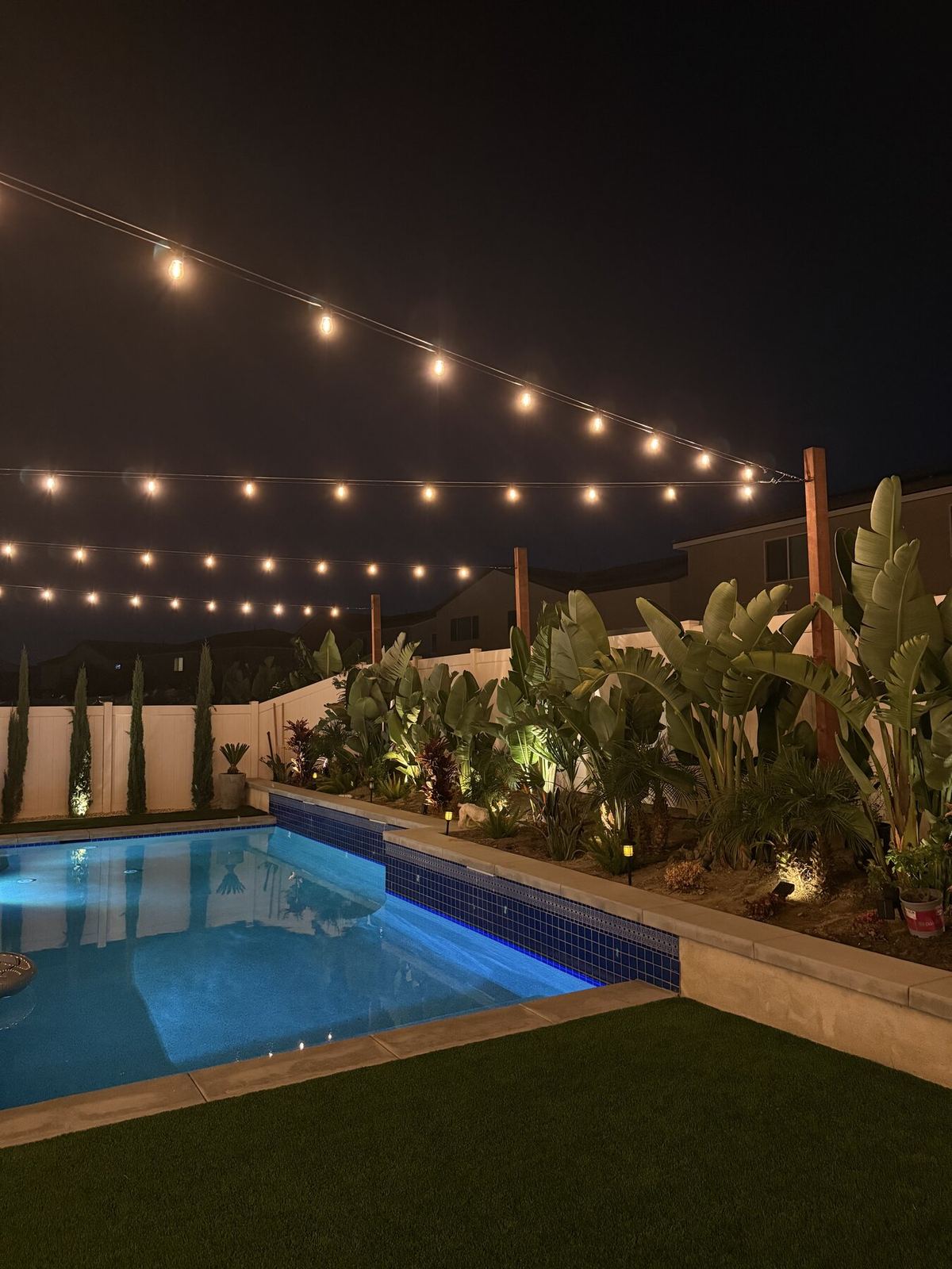 String lighting over pool with tropical plants at night